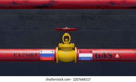 Russian Gas To Netherlands, Pipe Of Gas From Russia To Netherlands, Valve On The Main Gas Pipeline With Russia Flag And Netherlands Flag, Gas Sanctions Concept, 3D Work And 3D Image