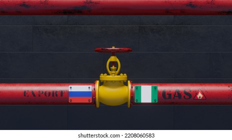 Russian Gas To Nigeria, Pipe Of Gas From Russia To Nigeria, Valve On The Main Gas Pipeline With Russia Flag And Nigeria Flag, Gas Sanctions Concept, 3D Work And 3D Image