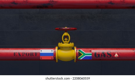 Russian Gas To South Africa, Pipe Of Gas From Russia To South Africa, Valve On The Main Gas Pipeline With Russia Flag And South Africa Flag, Gas Sanctions Concept, 3D Work And 3D Image