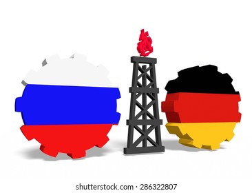 russian and germany flags on gears, gas rig model between them, gas transit from russia to germany