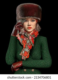 Russian Girl In Coat Scarf Ushanka Cossack Fur Hat Russia 3D Graphic Illustration