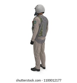 Russian Jet Fighter Military Pilot On White. Rear View. 3D Illustration