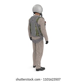 Russian Jet Fighter Military Pilot On White. Rear View. 3D Illustration