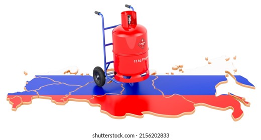 Russian Map With Propane Gas Cylinder On Hand Truck. Gas Delivery Service In Russia, Concept. 3D Rendering Isolated On White Background