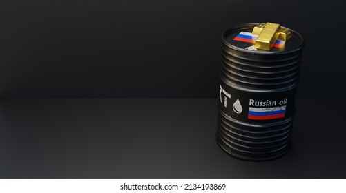 Russian Oil Barrel And 999 Gold Ingot. Top View On A Black Background