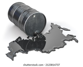 Russian oil industry concept. Oil barrel and spilled oil in form of Russia isolated on white. 3d illustration