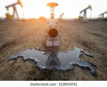 Russian Oil Industry Concept. Oil Tube Pipeline With Spilled Oil In Form Of Map Of Russia. 3d Illustration