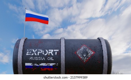 Russian Oil Tank. oil tank background, Russia flag on tank, sanctions on Russian oil.  3D work and 3D illustration