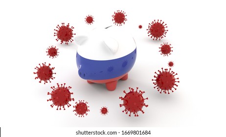 Russian Piggy Bank Attacked By Coronavirus, Economy And Savings In Crisis 3D Rendering