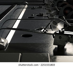 A russian polygraph lie detector machine drawing lines on graph paper on a dark moody studio background - 3D render