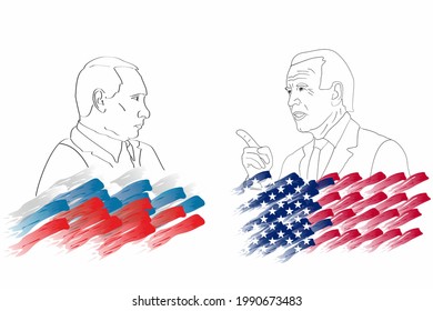 Russian President Putin and US President Joe Biden. Graphic linear portraits against background of state flags. Meeting of heads of two states. Russia and USA. Novosibirsk, Russia - June 14, 2021