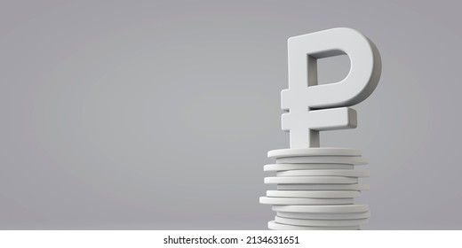 Russian ruble currency symbol with a stack of coins. 3D Rendering
