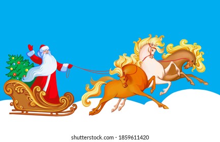 
Russian Santa Claus (Ded Moroz) rides on a winter sleigh pulled by three horses. New Year card