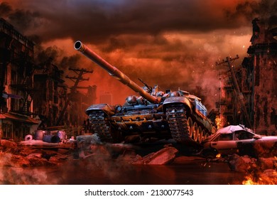 Russian tank on ruined Ukrainian city. War crisis, military intervention in Ukraine. Russia invades Ukraine. Ukraine fight against Russia; EU, USA new sanctions, nuclear forces on special alert. 3D