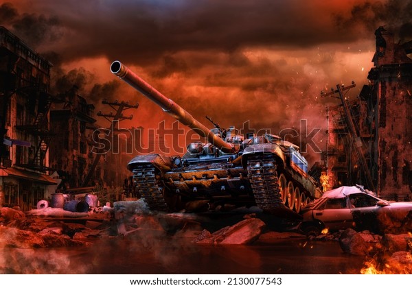 Russian tank on ruined Ukrainian city. War crisis,\
military intervention in Ukraine. Russia invades Ukraine. Ukraine\
fight against Russia; EU, USA new sanctions, nuclear forces on\
special alert.\
3D
