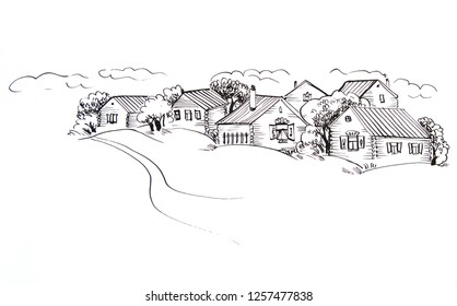 Russian Village - Ink Sketch On White Paper