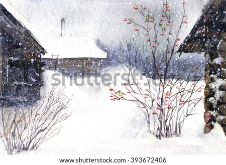 Russian winter landscape. Watercolor winter.Village snow, viburnum and titmouse.