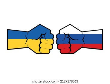 Russo Ukrainian War Raised Hand With Clenched Fist Illustration. Russian Ukrainian Conflict Symbol. Raised Hand In Colors Of Ukraine Flag And Russian Flag Icon Isolated On A White Background