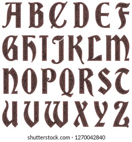 Rusted eroded metal antique ancient font style full alphabet capital letter set in a 3D illustration with a brown rough texture old metallic surface isolated on white with clipping path - Shutterstock ID 1270042840