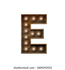 Rusted Metal Letter E Light Bulb Font. 3D Rendering