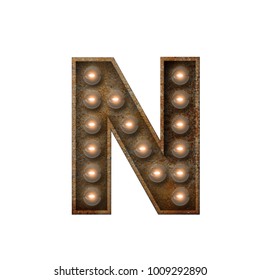 Rusted Metal Letter N Light Bulb Font. 3D Rendering