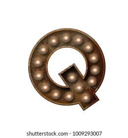 Rusted Metal Letter Q Light Bulb Font. 3D Rendering