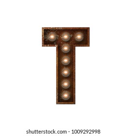 Rusted Metal Letter T Light Bulb Font. 3D Rendering