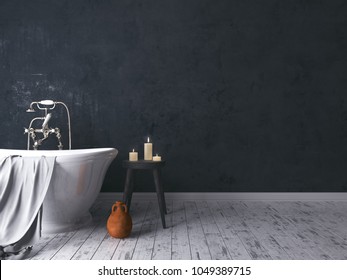 Rustic Bathroom With Old Wooden Stool And Burning Candles 3d Render