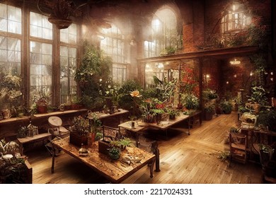 Rustic botanical garden with big windows illustration