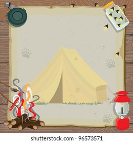 Rustic Camping Party Invitation With An Old Fashioned Tent, Lantern, Canteen, Jar Of Fireflies And A Roaring Fire For Roasting Marshmallows And Hotdogs All On Old Vintage Paper