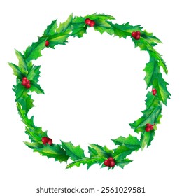 Rustic Christmas watercolor wreath composed of vibrant green leaves and bright red berries. A versatile design for autumn, winter, and festive themes, suitable for decor and crafts - Powered by Shutterstock