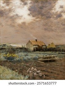 Rustic cottage under cloudy sky, surrounded by fields and wildflowers. Cozy cottage, serene fields, and dramatic sky create a peaceful rural scene. Vintage landscape drawing illustration painting.