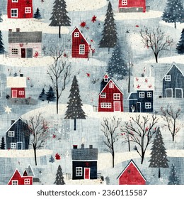 Rustic country christmas cottage with primitive hand sewing fabric effect. Cozy nostalgic shabby chic homespun americana winter handmade crafts style seamless pattern. - Powered by Shutterstock