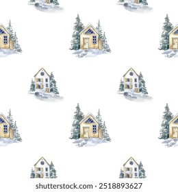 Rustic country Christmas cottage watercolor hand painted pattern. Cozy nostalgic shabby chic homespun ribbon trim with americana winter handmade crafts style edging. High quality photo - Powered by Shutterstock