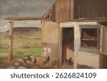 Rustic farm scene with chickens near a wooden barn. Rolling hills in the background. Rural landscape with barn and chickens. Vintage nature painting, old nature illustration.