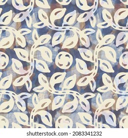 Rustic french grey leaf printed fabric. Seamless european style soft furnishing textile pattern. Batik all over digital foliage print effect. Variegated blue decorative cloth. High quality raster jpg