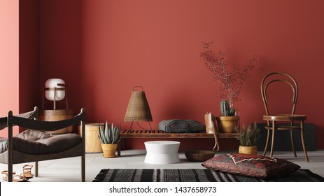 Rustic Home interior mockup with bench,chairs and decor in red room, 3d rendering