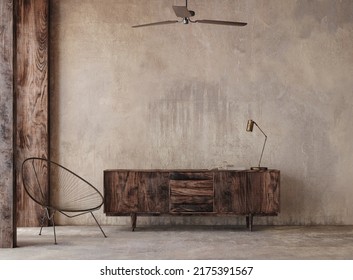 Rustic interior background with minimal furniture, 3d render
