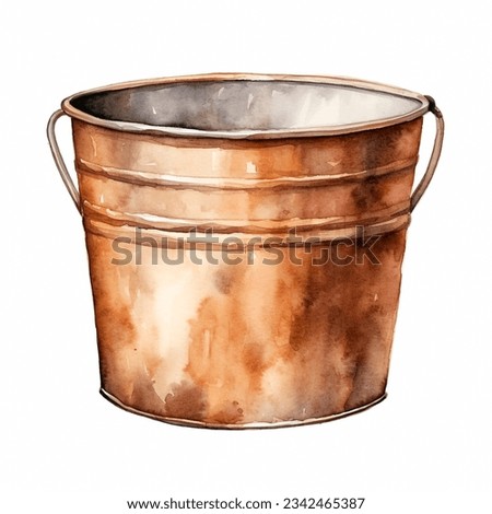 Rustic iron metal rusty bucket. Watercolor painting isolated on white background. Fishing.