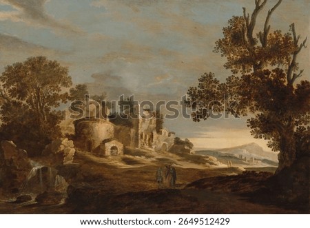 Rustic landscape with ancient ruins. The landscape features ruins and trees under a cloudy sky, creating a serene, rustic atmosphere. Vintage landscape artwork, old illustration of landscape view.