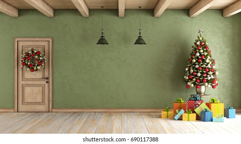 Rustic Living Room With Christmas Tree,gift Box And Wreath On Wooden Door - 3d Rendering