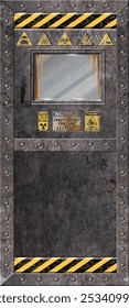Rustic Metal Lab Door with Warning signs and Glass window