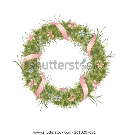 Rustic moss wreath with soft florals and pink ribbon isolated on white. Hand drawn watercolor botanical round frame with pink and blue wildflowers, grasses for spring wedding invitation, Easter cards.
