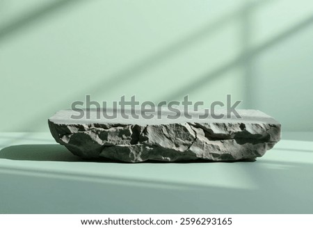 Rustic Stone Podium on Muted Green Background, Lighting with Soft Shadows, Cosmetic Products Scene