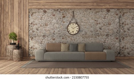 Rustic Style Living Room Modern Sofa Against Stone Wall - 3d Rendering