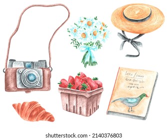 Rustic summer watercolor illustration set. Holidays, vacation. Straw hat, bouquet of daisies, strawberries, camera, book. Summer picnic. Illustrations isolated. For printing on stickers, postcards.