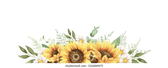 Rustic sunflowers design  Trendy floral border  Natural greenery watercolor illustration  Summer wedding invitation template isolated white background