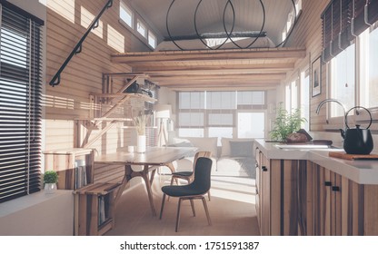 Rustic Tiny House Interior Design With Kitchen, Living Room And Bedroom In Mezzanine Floor In Warm Sunset Light. 3d Rendering.