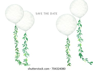 Rustic Wedding Design Of Save The Date Card With Balloons And Natural Decor. Hand Painted Print On White Background. Watercolor Template With A Place For Your Text.