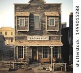 Rustic western antique town trading post with various groceries and goods. 3d rendering. Part of a western town series